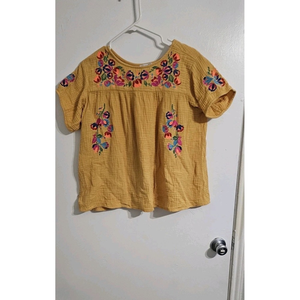See and Be Seen Embroidered Floral Crinkle Blouse Top Size Small Artsy Boho